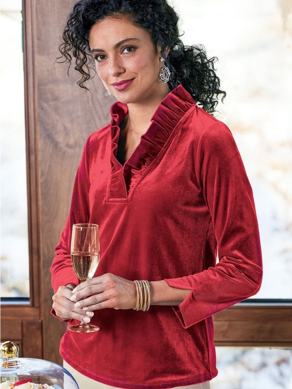 Marlee Ruffle Velvet Top Red Velvet Ruffle V-Neck Top